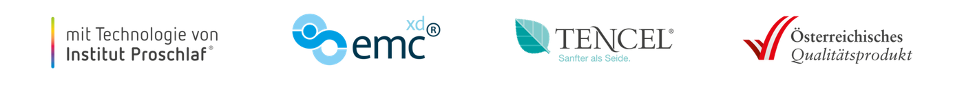 mit Technologie von Institut Proschlaf · emc xd · TENCEL · Österreichisches Qualitätsprodukt